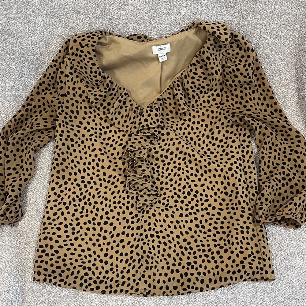 J. Crew Tan and Black Ruffle Blouse